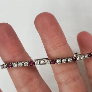 Gorgeous Red Stone & Crystal Silver 925 Tennis Bracelet  7" 14 Grams
